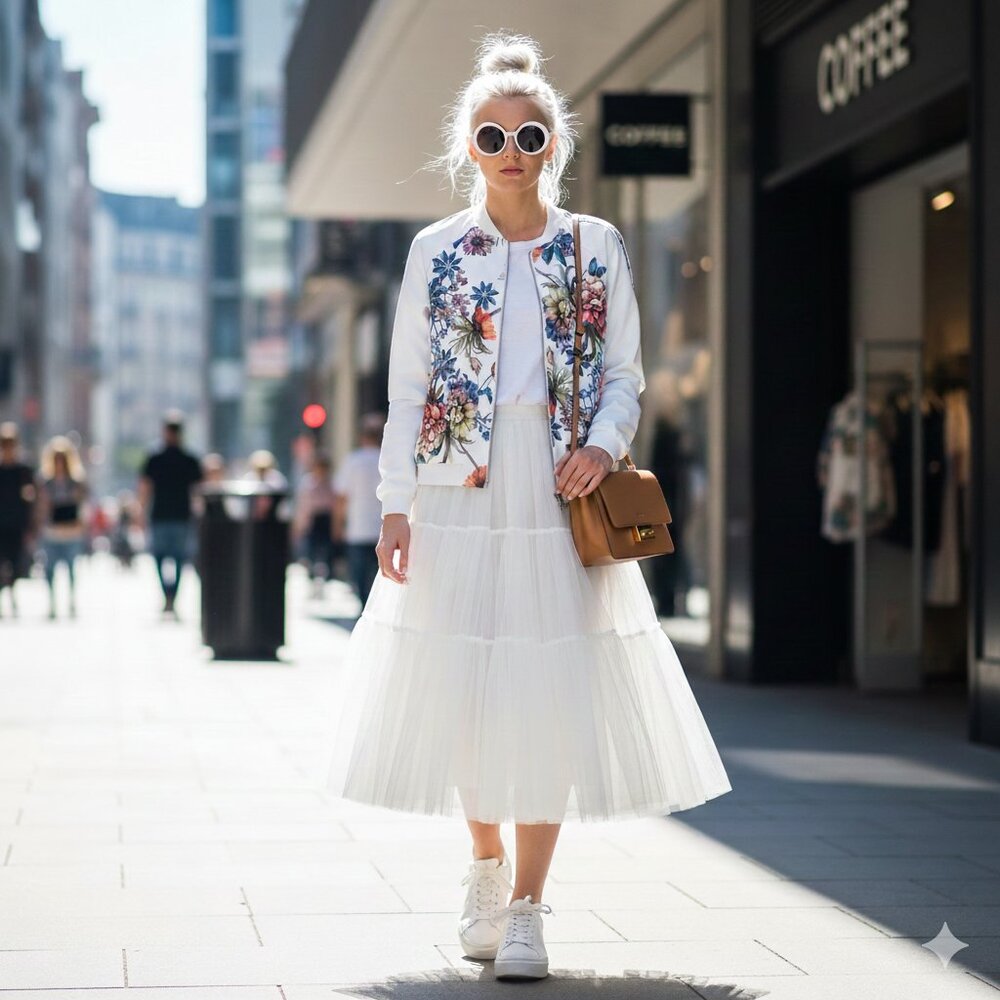 EUC Luna Moon white satin effect bomber jacket with multicolour floral print, L